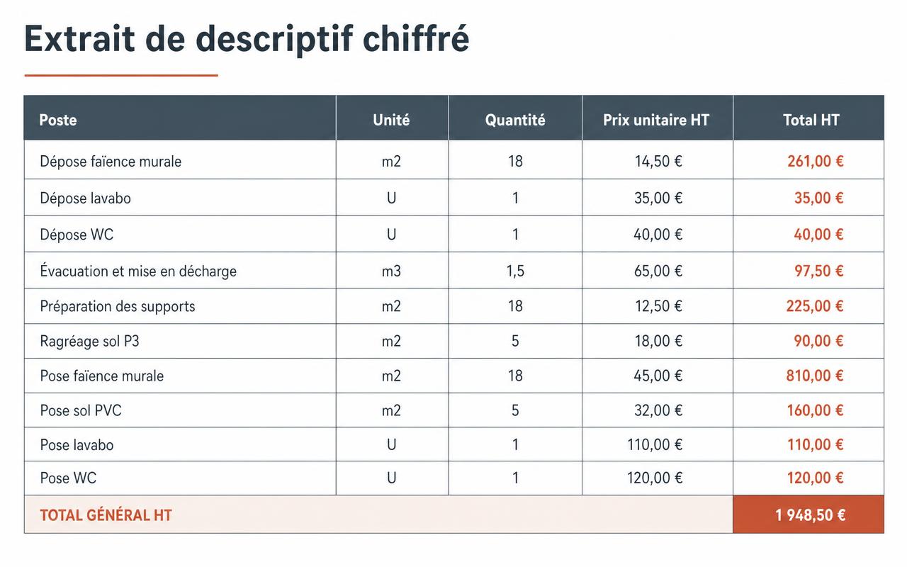 Extrait de descriptif chiffré Be.work montrant des postes de rénovation de salle de bains avec unité, quantité et prix unitaire hors taxes