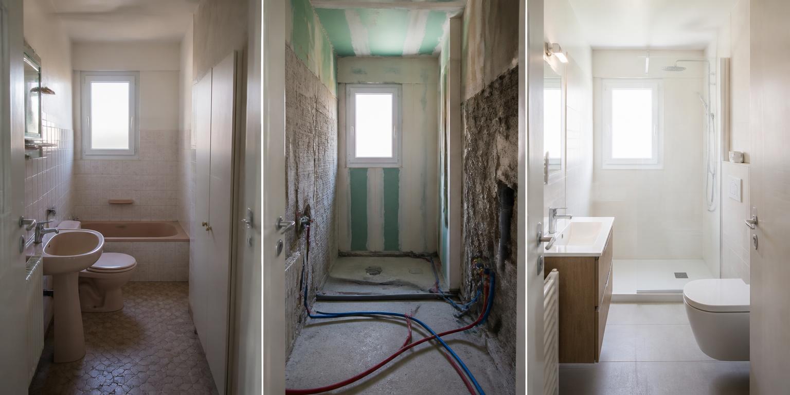 Même salle de bain avant les travaux, pendant la reprise des réseaux, puis après rénovation