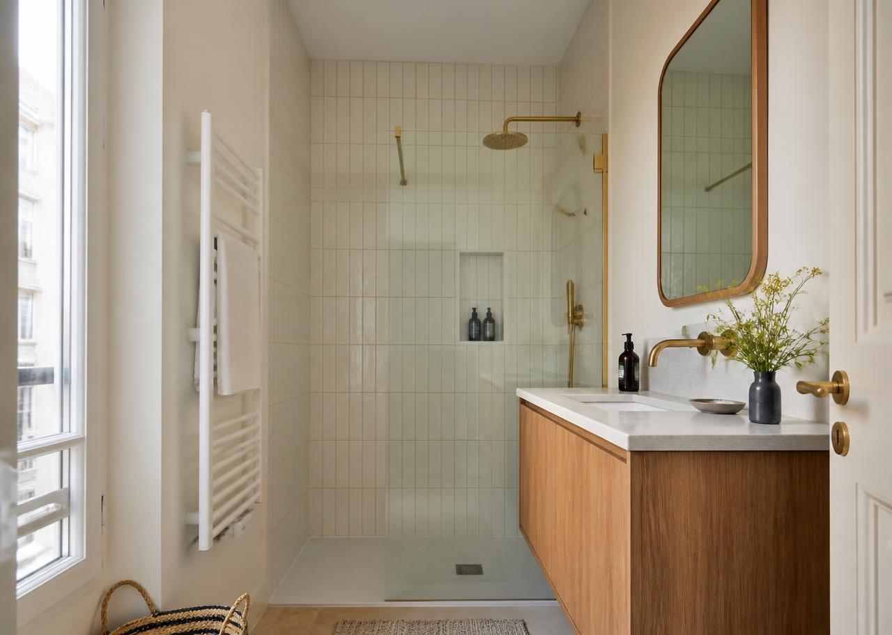 Salle de bain terminée avec douche ouverte, faïence verticale, meuble en bois et robinetterie en laiton