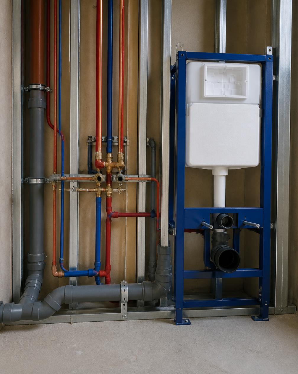 Réseaux d'eau et d'évacuation fixés dans la cloison avant sa fermeture
