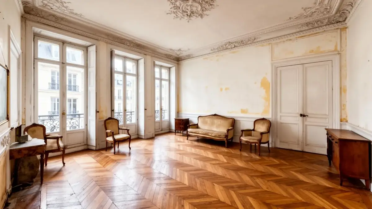 Salle de bain d'un appartement ancien avant rénovation : carrelage daté et sanitaires vétustes